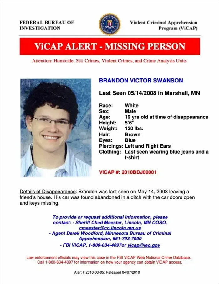 A ViCAP alert poster for missing person Brandon Swanson, last seen after his car crashed.