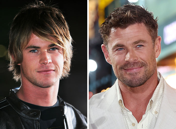 Chris Hemsworth's before and after fame transformation showcasing his evolving celebrity style.