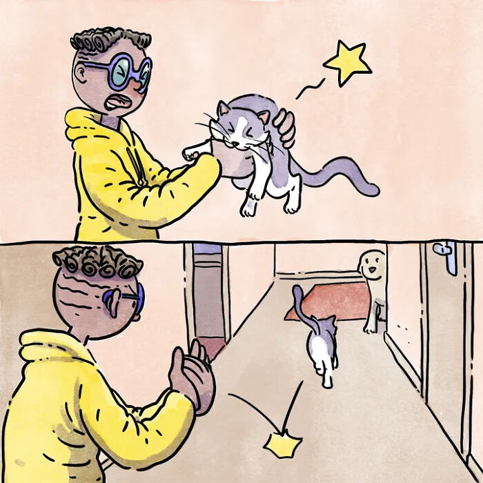 Heartwarming comics: a person with blue glasses scolds a cat, which then runs off with a dog following. Heartwarming comics: a person with blue glasses scolds a cat, which then runs off with a dog following.