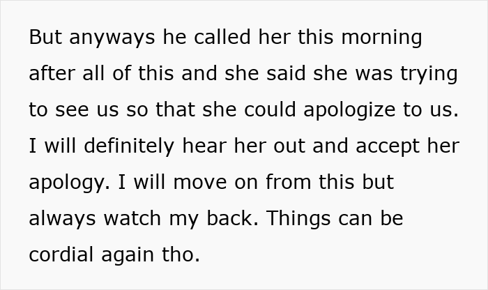 A screenshot of a text where the author discusses hearing out the mother-in-law's apology after a wedding dispute. A screenshot of a text where the author discusses hearing out the mother-in-law's apology after a wedding dispute.