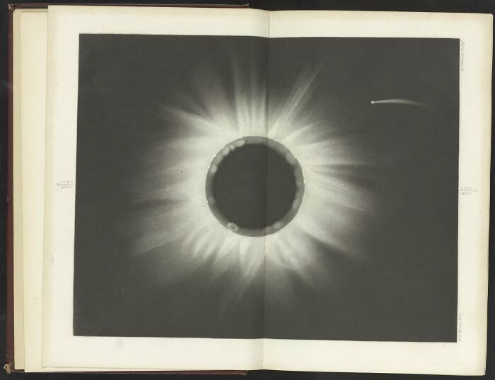 A historical solar eclipse photo showing the sun's corona and a bright streak, an extraordinary moment captured.