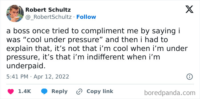A surprisingly honest post by Robert Schultz about being indifferent when underpaid, not cool under pressure.