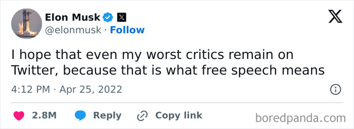 Elon Musk's tweet about free speech on Twitter, which aged so poorly given later platform changes.