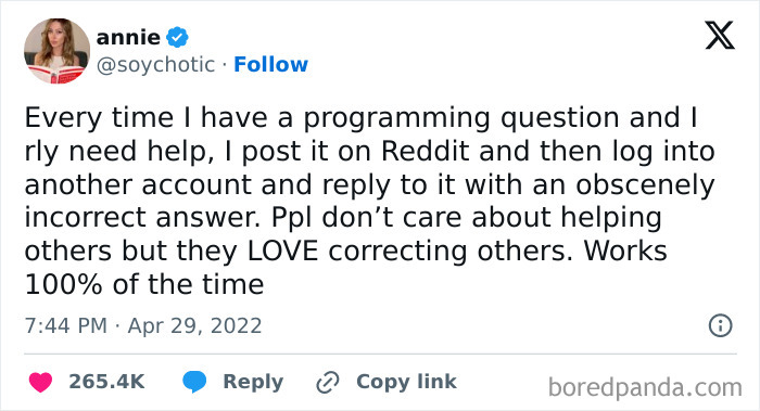 A Twitter post from annie sharing a surprisingly honest post about getting help for programming questions.