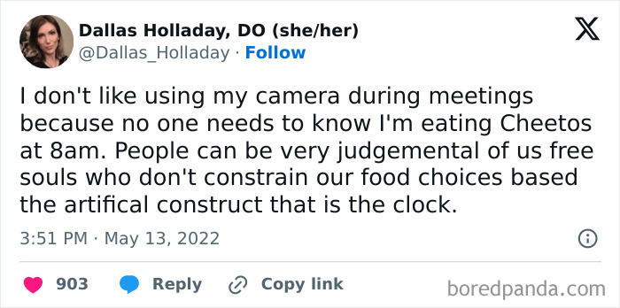 Dallas Holladay's surprisingly honest post on Twitter about eating Cheetos at 8 am during meetings, advocating for food freedom.
