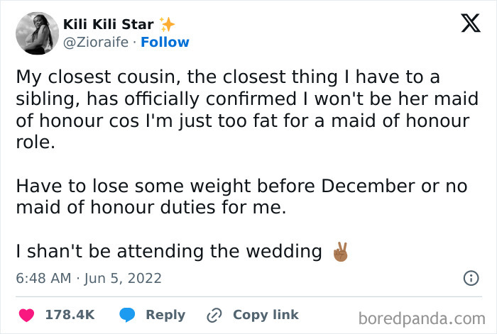 A screenshot of a tweet from a cousin upset about being told she is too fat to be a maid of honour, making the wedding day a nightmare.