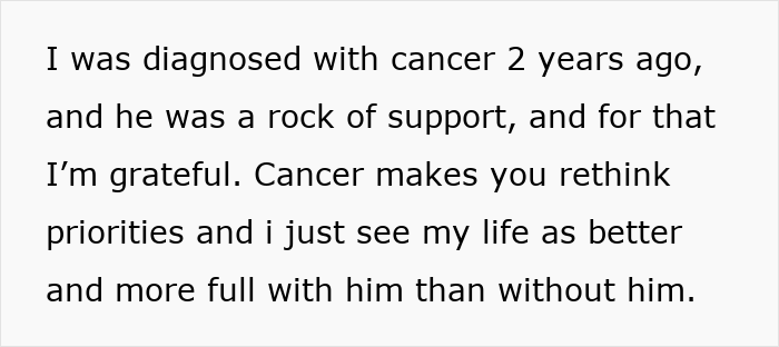 A screenshot of a forum post where a wife explains her husband's support during her cancer diagnosis. A screenshot of a forum post where a wife explains her husband's support during her cancer diagnosis.
