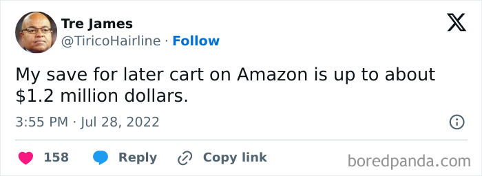 A meme queen post showing text about an Amazon save for later cart being $1.2 million.