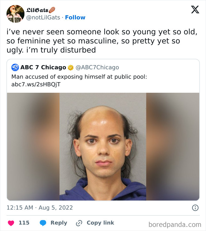 A person with an unusual appearance in a mugshot, prompting a creative and cursed comment about their look.