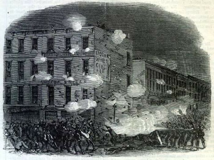 An old illustration depicting a street battle with smoke and chaos, a rare American history photo.