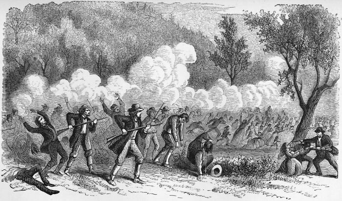 An illustration of a chaotic skirmish in a wooded area, a fascinating photo from American history.