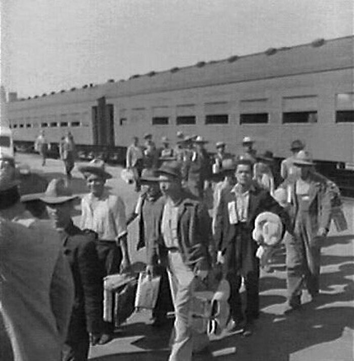 Migrant workers walking alongside a train, a fascinating photo capturing American history.