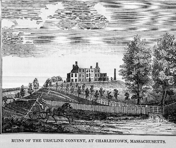 An old drawing of the ruins of the Ursuline Convent in Charlestown, Massachusetts, a fascinating American history photo.