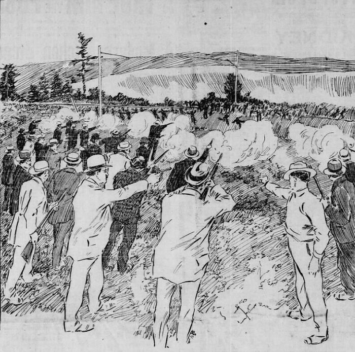 An illustration of a group of men firing rifles in a field, a rare photo from American history.