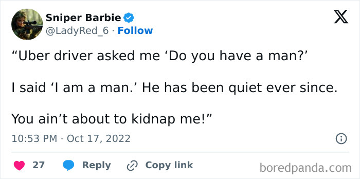 A screenshot of a tweet from Sniper Barbie that makes a funny Meme Queen post.
