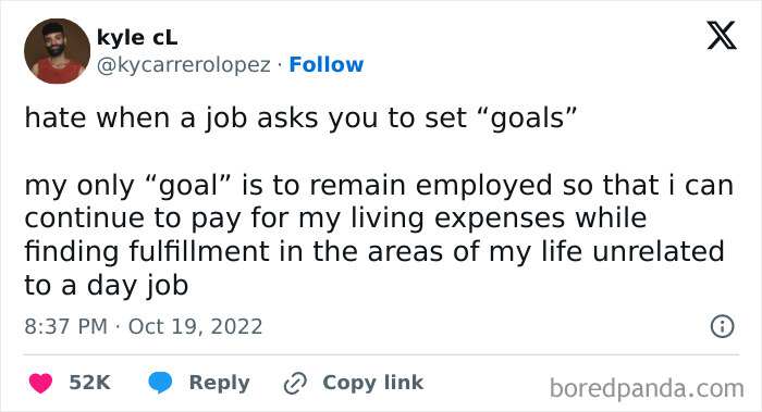 A tweet from @kycarrerolopez expressing disdain for setting goals in a new job, highlighting recruiting hell.