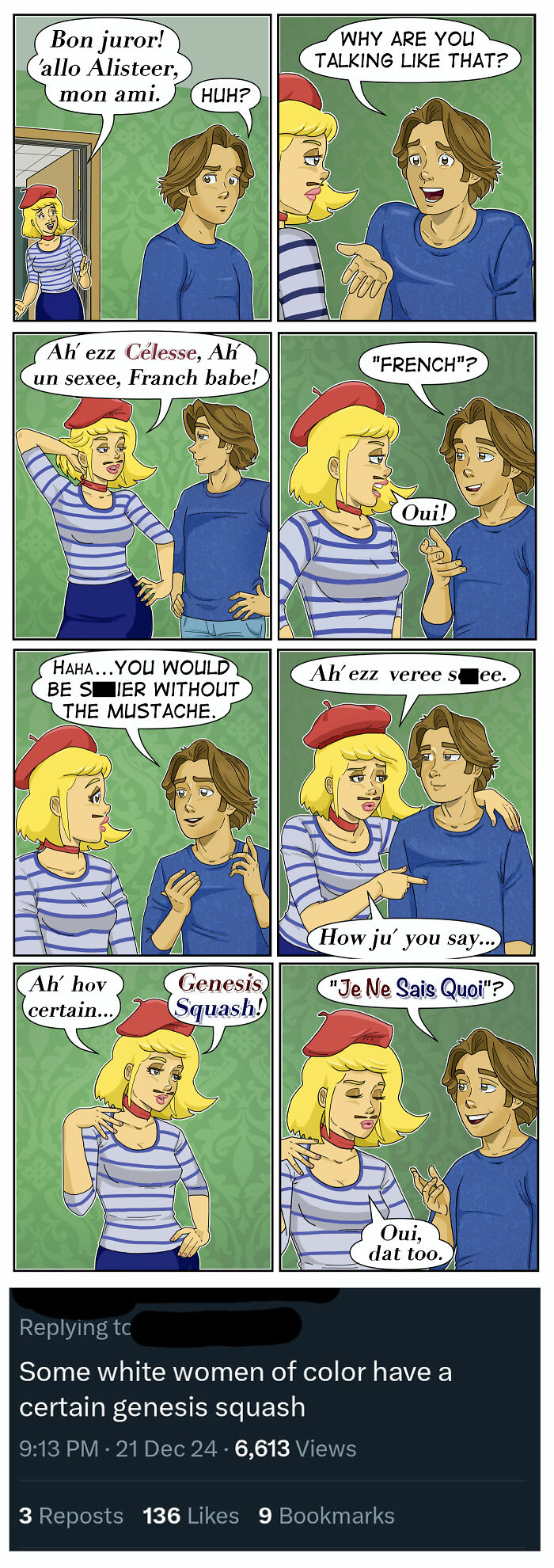 A comic featuring sarcasm and awkward moments about a woman speaking French to a man who misunderstands.