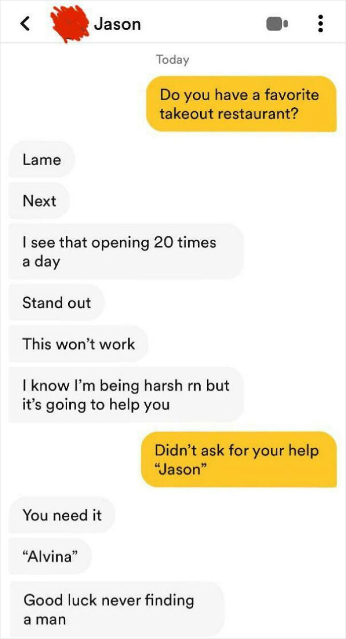 A cringey screenshot of an online dating conversation with a user giving unsolicited, harsh advice.