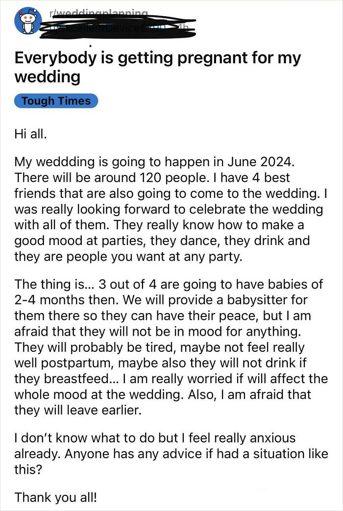 A Reddit post about a bride concerned her wedding day will be a nightmare due to pregnant bridesmaids.