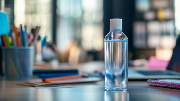 A bottle of hand sanitizer sits on a desk amidst office supplies, relating to dumb work rules on hygiene.
