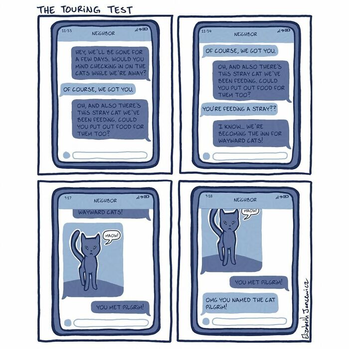 A heartwarming comic series showing a text conversation about feeding a stray cat. A heartwarming comic series showing a text conversation about feeding a stray cat.