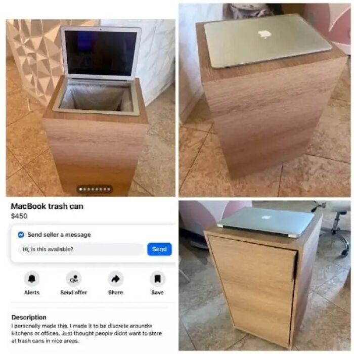 A screenshot from an online marketplace showing a MacBook trash can, highlighting the weirdest people found there.