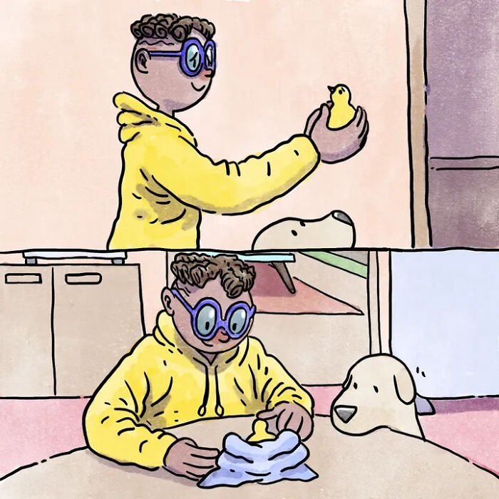 Heartwarming comics: a person with blue glasses gently holds a bird and later covers it with a blanket, with a dog nearby. Heartwarming comics: a person with blue glasses gently holds a bird and later covers it with a blanket, with a dog nearby.