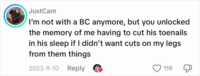 A social media comment sharing details about a blue-collar husband's personal habits. A social media comment sharing details about a blue-collar husband's personal habits.
