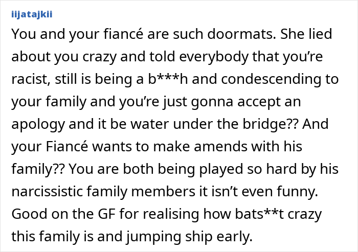 A screenshot of a Reddit comment about a wedding dispute, discussing family issues and a toxic relationship. A screenshot of a Reddit comment about a wedding dispute, discussing family issues and a toxic relationship.