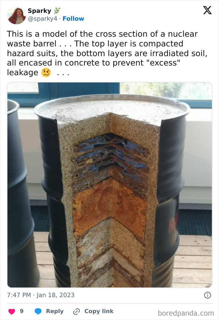 A surprising photo of an object cut in half: a nuclear waste barrel revealing its internal layers of compacted waste and concrete.