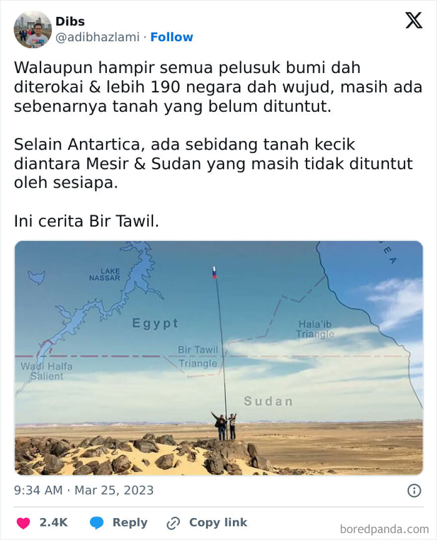 A map depicting the Bir Tawil Triangle between Egypt and Sudan, with people standing in the desert, emphasizing country borders.