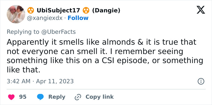 A Twitter comment discusses the smell of almonds, relevant to the nurse's aide crimes. A Twitter comment discusses the smell of almonds, relevant to the nurse's aide crimes.