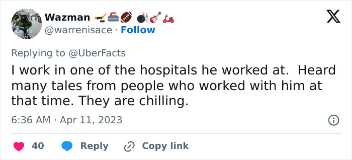 A Twitter user mentions working in a hospital where the nurse's aide committed horrific crimes. A Twitter user mentions working in a hospital where the nurse's aide committed horrific crimes.