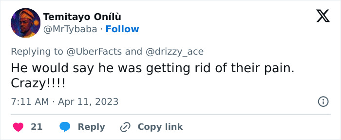A comment saying the nurse's aide claimed he was getting rid of their pain when committing horrific crimes. A comment saying the nurse's aide claimed he was getting rid of their pain when committing horrific crimes.