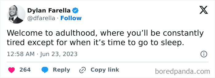 A meme queen post tweet about adulthood and constant tiredness, except at bedtime.