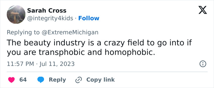 A social media post commenting on the hair salon owner's transgender customer controversy. A social media post commenting on the hair salon owner's transgender customer controversy.