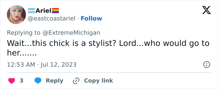 Ariel's tweet: a hair salon owner's fate discussed by transgender customers on social media. Ariel's tweet: a hair salon owner's fate discussed by transgender customers on social media.
