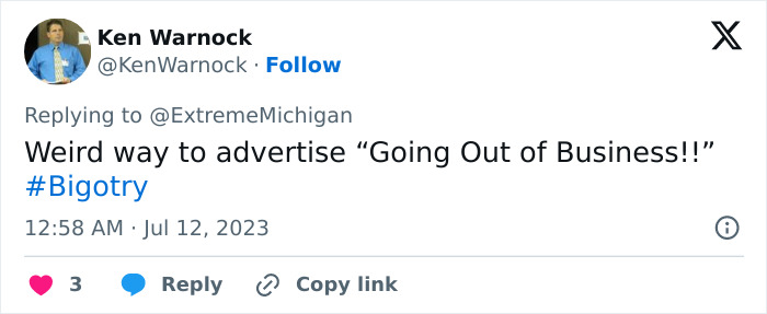 Screenshot of a tweet from Ken Warnock remarking on the hair salon owner's business practices. Screenshot of a tweet from Ken Warnock remarking on the hair salon owner's business practices.