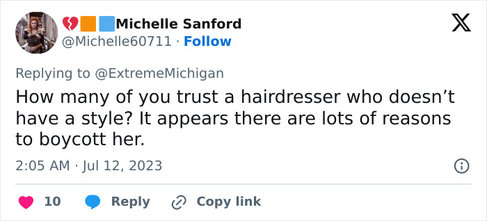 A social media post discussing reasons to boycott a hairdresser. Hair salon owner learns fate after telling transgender customers to go to a pet groomer. A social media post discussing reasons to boycott a hairdresser. Hair salon owner learns fate after telling transgender customers to go to a pet groomer.