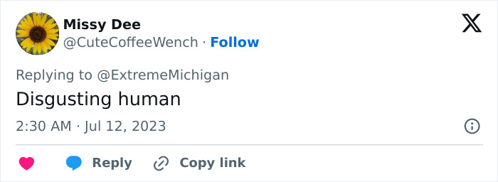 Screenshot of a tweet from Missy Dee calling the hair salon owner a disgusting human. Screenshot of a tweet from Missy Dee calling the hair salon owner a disgusting human.