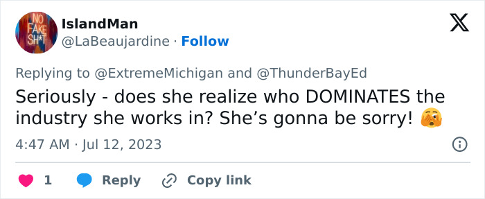 Another social media post reacting to the hair salon owner's actions regarding transgender customers. Another social media post reacting to the hair salon owner's actions regarding transgender customers.