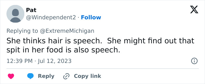 A social media post commenting on the hair salon owner's perspective on hair and speech, referencing her treatment of transgender customers. A social media post commenting on the hair salon owner's perspective on hair and speech, referencing her treatment of transgender customers.