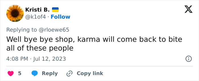 A social media comment suggesting karma will affect a hair salon owner, stating, Well bye bye shop. A social media comment suggesting karma will affect a hair salon owner, stating, Well bye bye shop.