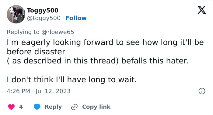 A social media comment about a hair salon owner, hoping for disaster to befall this hater. A social media comment about a hair salon owner, hoping for disaster to befall this hater.