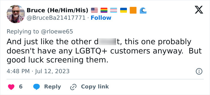 A social media comment about a hair salon owner, implying they likely don't have LGBTQ+ customers. A social media comment about a hair salon owner, implying they likely don't have LGBTQ+ customers.