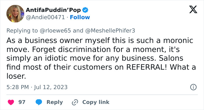 Screenshot of a tweet from AntifaPuddin'Pop, a hair salon owner, criticizing the discrimination against transgender customers. Screenshot of a tweet from AntifaPuddin'Pop, a hair salon owner, criticizing the discrimination against transgender customers.