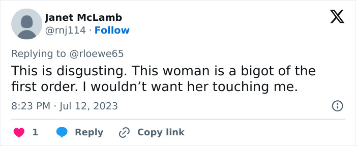A social media post where a user labels the hair salon owner a bigot for her behavior towards transgender customers. A social media post where a user labels the hair salon owner a bigot for her behavior towards transgender customers.