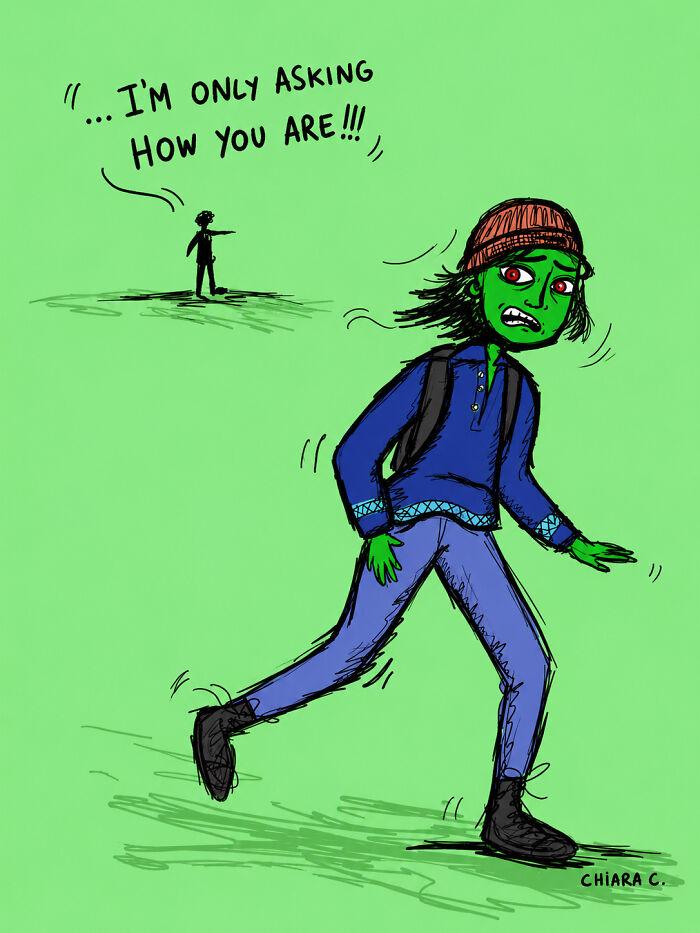 A woman's illustration of a green-skinned person running away from a small figure, depicting living in modern society.