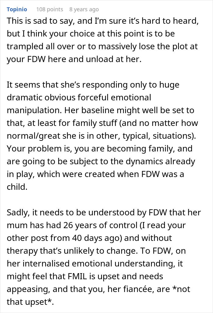 A comment suggesting the bride's choice is to be trampled or lose the plot at her fiancée due to MIL wedding issues. A comment suggesting the bride's choice is to be trampled or lose the plot at her fiancée due to MIL wedding issues.