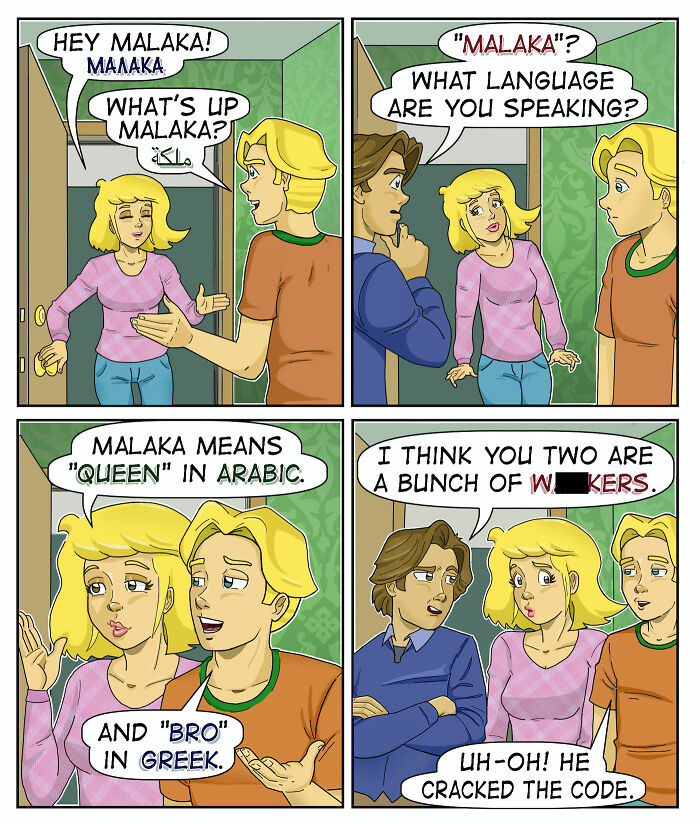 A comic about a man using the word malaka, leading to an awkward moment and sarcastic misunderstanding of language.